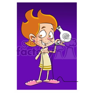 small cartoon girl blow drying her hair