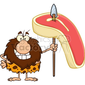 The image depicts a whimsical cartoon of a caveman holding a large piece of steak on a spear. The caveman has a large, goofy smile and is wearing a typical caveman outfit with a spotted animal skin.