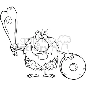black and white happy male caveman cartoon mascot character holding a club and showing whell vector illustration