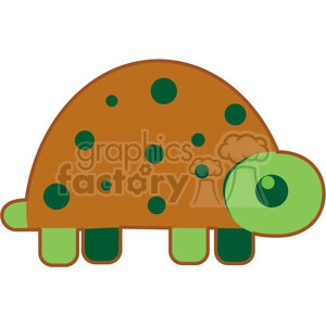 The clipart image shows a cartoon turtle facing the right of the image. It is depicted in a simple, flat style. The shell is a brown-orange color, with a green body, legs and tail. It has a big green eye on one side, and green spots on the shell