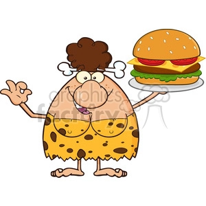 brunette cave woman cartoon mascot character holding a big burger and gesturing ok vector illustration