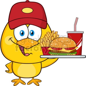royalty free rf clipart illustration happy yellow chick cartoon character wearing a baseball cap and holding a fast food tray vector illustration isolated on white