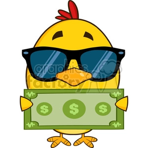 royalty free rf clipart illustration cute yellow chick cartoon character wearing sunglasses and holding a dollar bill vector illustration isolated on white