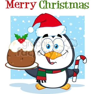 royalty free rf clipart illustration cute penguin cartoon character holding christmas pudding and candy cane on the snow vector illustration greeting card