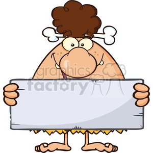 funny brunette cave woman cartoon mascot character holding a stone blank sign vector illustration