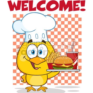 royalty free rf clipart illustration chef yellow chick cartoon character holding a fast food tray under welcome vector illustration isolated on white