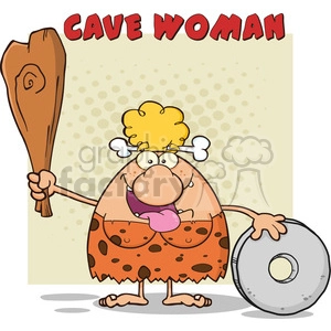 happy cave woman cartoon mascot character holding a club and showing whell vector illustration with text cave woman