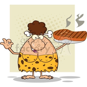 brunette cave woman cartoon mascot character holding up a platter with big grilled steak and gesturing ok vector illustration