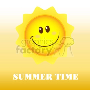 royalty free rf clipart illustration happy sun cartoon mascot character vector illustration with background and text summer time