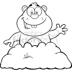 royalty free rf clipart illustration black and white happy marmmot cartoon character waving in groundhog day vector illustration isolated on white