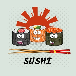 illustration sushi roll set cartoon characters with chopsticks and text vector illustration with background