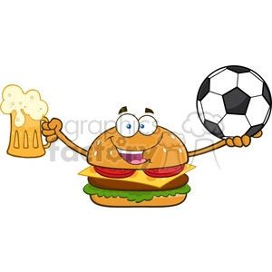 illustration happy burger cartoon mascot character holding a beer and soccer ball vector illustration isolated on white background