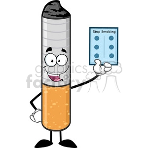 royalty free rf clipart illustration talking cigarette cartoon mascot character holding up a blister pills for stop smoking vector illustration isolated on white background