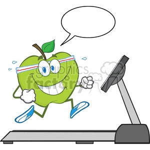 royalty free rf clipart illustration healthy green apple cartoon character running on a treadmill with speech bubble vector illustration isolated on white