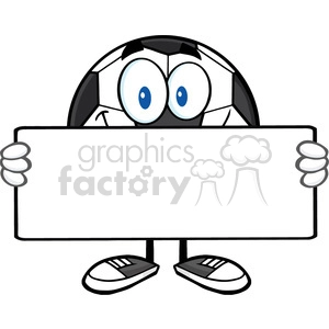 The clipart image depicts a cartoon soccer ball character with large eyes, shoes, and gloves, holding a blank horizontal banner or sign in front of it. The character appears to be standing and the banner provides space for customization or text.