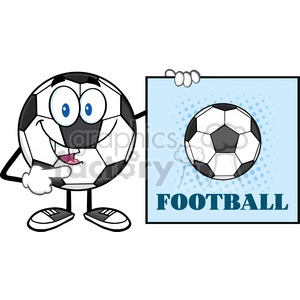 talking soccer ball cartoon mascot character pointing to a sign with text football vector illustration isolated on white background