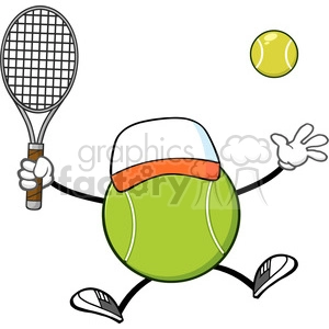tennis ball faceless player cartoon mascot character with hat holding a tennis ball and racket vector illustration isolated on white background