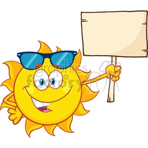 summer sun cartoon mascot character with sunglasses holding a wooden blank sign vector illustration isolated on white background