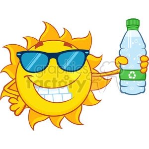 cute sun cartoon mascot character with sunglasses holding a water bottle with recyle sign vector illustration isolated on white background