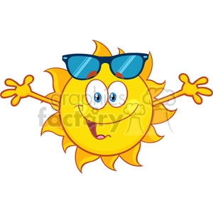 smiling loving sun cartoon mascot character with sunglasses and open arms for hugging vector illustration isolated on white background