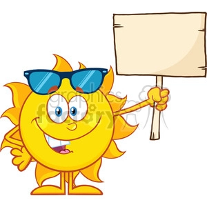 10145 summer sun cartoon mascot character with sunglasses holding a wooden blank sign vector illustration isolated on white background