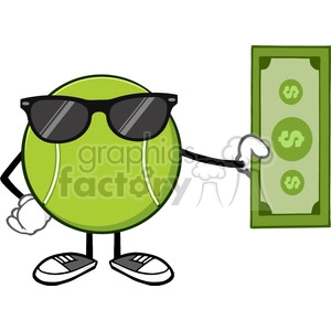 tennis ball faceless cartoon mascot character with sunglasses holding a dollar bill vector illustration isolated on white background
