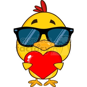 cute yellow chick with sunglasses cartoon character holding a valentine love heart vector illustration isolated on white