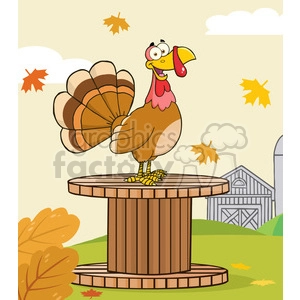 happy turkey bird cartoon character on a giant spool in a barnyard vector illustration with background