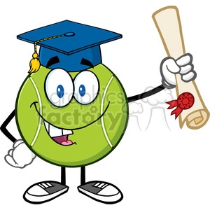 happy tennis ball cartoon mascot character with graduate cap holding a diploma vector illustration isolated on white