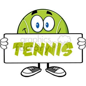 tennis ball cartoon mascot character holding a blank sign vector illustration with text tennis isolated on white
