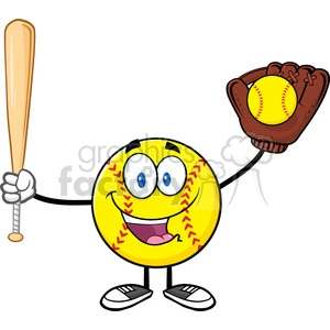 happy softball player cartoon character holding a bat and glove with ball vector illustration isolated on white background