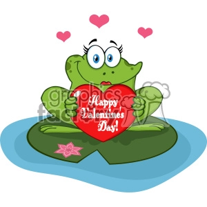 Cute Frog Female Cartoon Mascot Character In A Pond Holding A Valentine Love Heart With Text Happy Valentines Day Vector Illustration