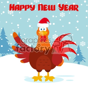 Cute Red Rooster Bird Cartoon Waving Vector Flat Design With Snow Background And Text Happy New Year
