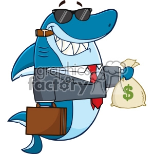 Smiling Business Shark Cartoon In Suit Carrying A Briefcase And Holding A Money Bag Vector