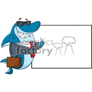 Smiling Business Shark Cartoon In Suit Carrying A Briefcase And Holding A Thumb Up To Blank Board Vector
