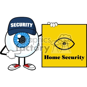 Blue Eyeball Cartoon Mascot Character Security Guard Pointing A Home Security Sign Banner Vector