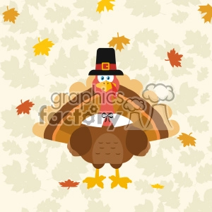 Thanksgiving Turkey Bird Wearing A Pilgrim Hat Vector Flat Design Over Background With Autumn Leaves
