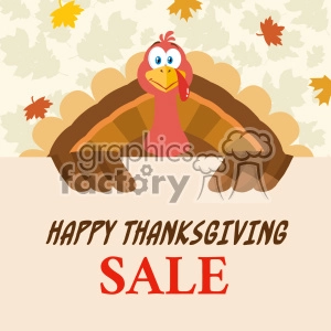 Happy Thanksgiving Turkey Bird Cartoon Mascot Character Holding A Happy Thanksgiving Sale Sign Vector Flat Design Over Background With Autumn Leaves