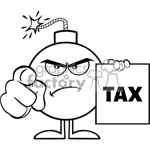 10806 Royalty Free RF Clipart Black And White Angry Bomb Cartoon Mascot Character Pointing And Holding A Tax Sign Form Vector Illustration