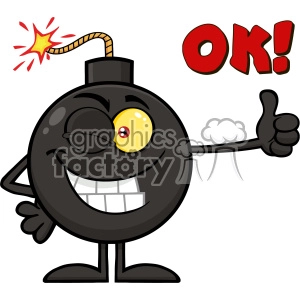 10791 Royalty Free RF Clipart Winking Bomb Cartoon Mascot Character Giving A Thumb Vector With Text OK