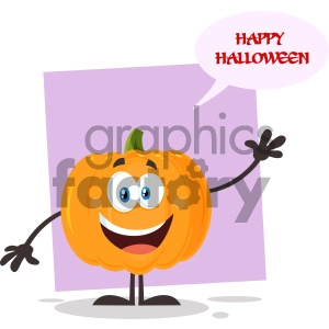 Happy Orange Pumpkin Vegetables Cartoon Emoji Character Waving For Greeting Vector Illustration Flat Design Style Isolated On White Background With Speech Bubble And Text Happy Halloween
