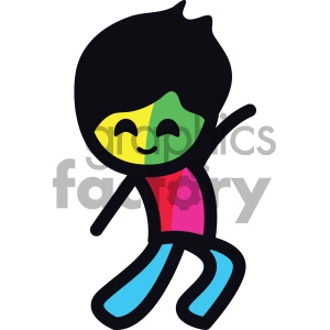 This clipart image features a stylized character that appears to be dancing. The character has a large, round head with a black top and a face featuring two halves colored green and yellow, smiling eyes, and an expressive mouth implying movement or dance. Its body is elemental, with straight black lines for arms and legs, and boots that are colored blue. The torso is represented with a block of color split between red and pink.
