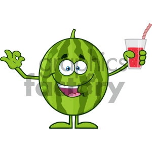 Green Watermelon Fresh Fruit Cartoon Mascot Character Presenting And Holding Up A Glass Of Juice