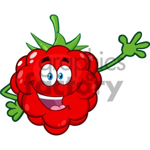 Royalty Free RF Clipart Illustration Happy Raspberry Fruit Cartoon Mascot Character Waving For Greeting Vector Illustration Isolated On White Background