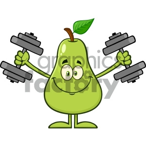 Royalty Free RF Clipart Illustration Smiling Green Pear Fruit With Leaf Cartoon Mascot Character Working Out With Dumbbells Vector Illustration Isolated On White Background