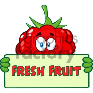 Royalty Free RF Clipart Illustration Smiling Raspberry Fruit Cartoon Mascot Character Holding A Banner With Text Fresh Fruit Vector Illustration Isolated On White Background