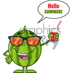Green Watermelon Fresh Fruit Cartoon Mascot Character With Sunglasses Holding A Glass Of Juice Vector Hello Summer