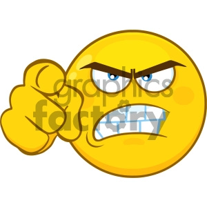 Royalty Free RF Clipart Illustration Angry Yellow Cartoon Smiley Face Character With Aggressive Expressions Pointing Vector Illustration Isolated On White Background