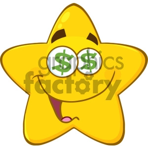 Royalty Free RF Clipart Illustration Funny Yellow Star Cartoon Emoji Face Character With Dollar Eyes And Smiling Expression Vector Illustration Isolated On White Background