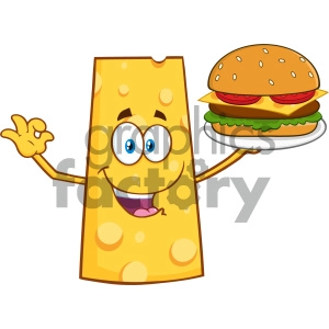 Cheese Cartoon Mascot Character Presenting A Perfect Burger Vector Illustration Isolated On White Background